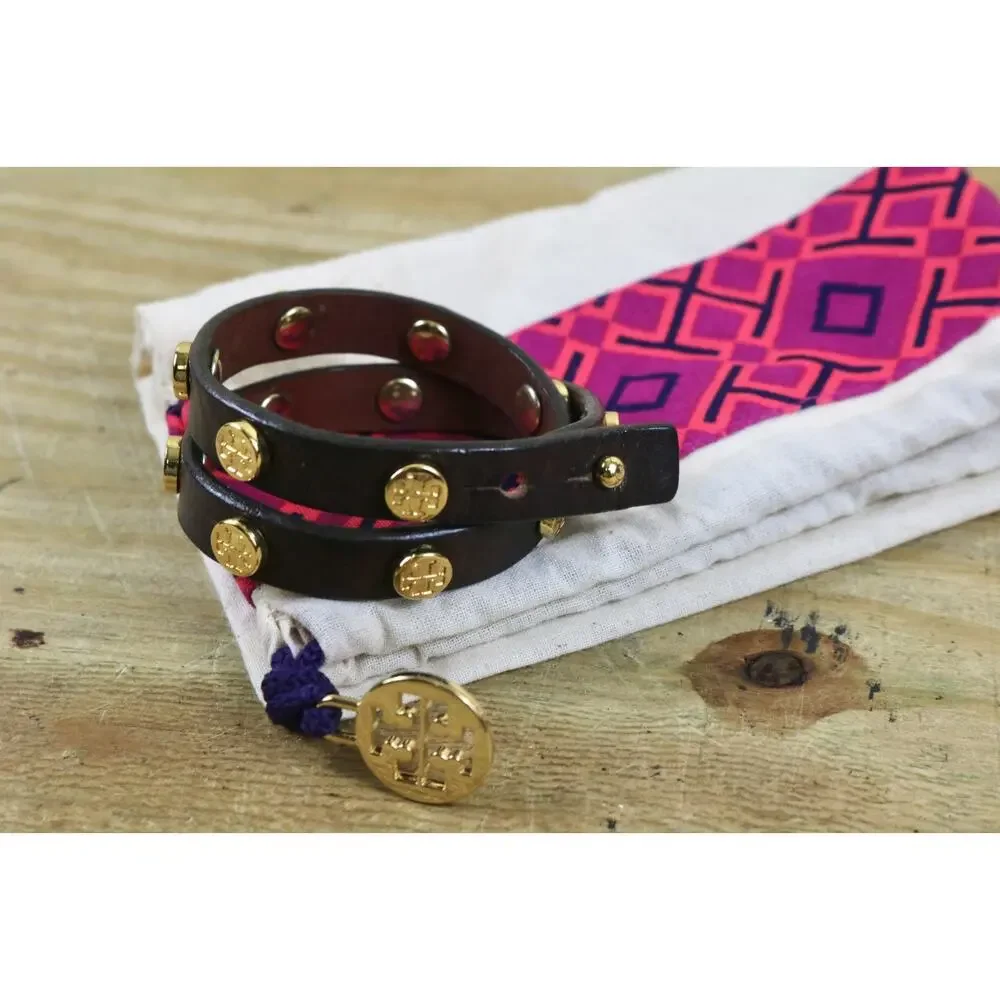 Tory Burch Brown Leather Double Wrap Bracelet Gold Logo Studs Jewelry